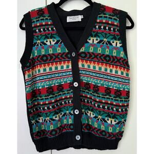 Vintage Sweater Loft Black Red Teal Fun Geometric Sweater Vest Small Med Preppy